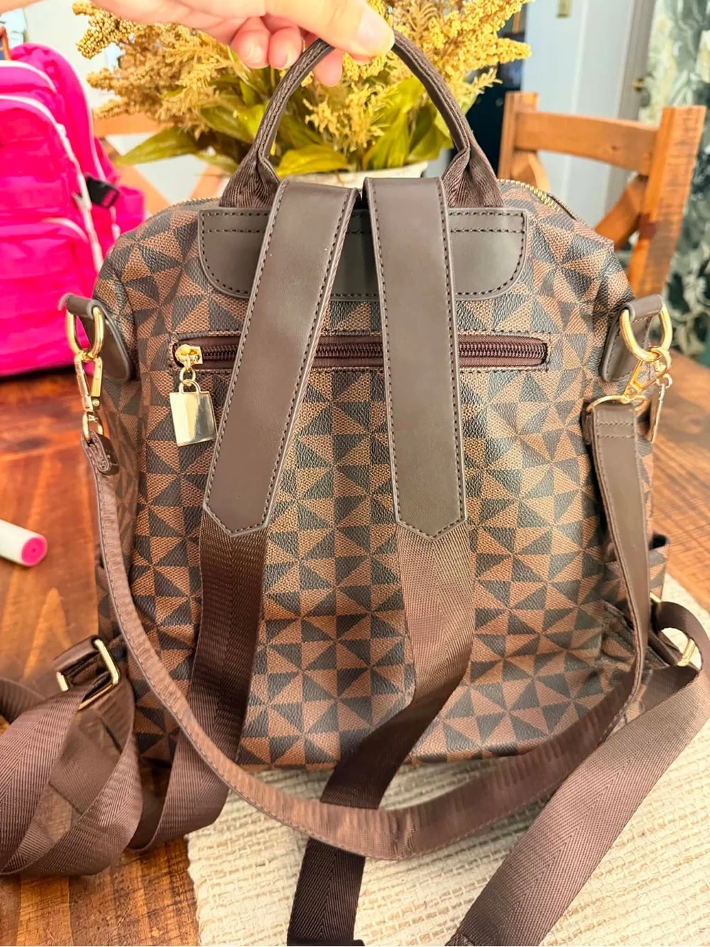 Geometric Brown Backpack with Gold Hardware